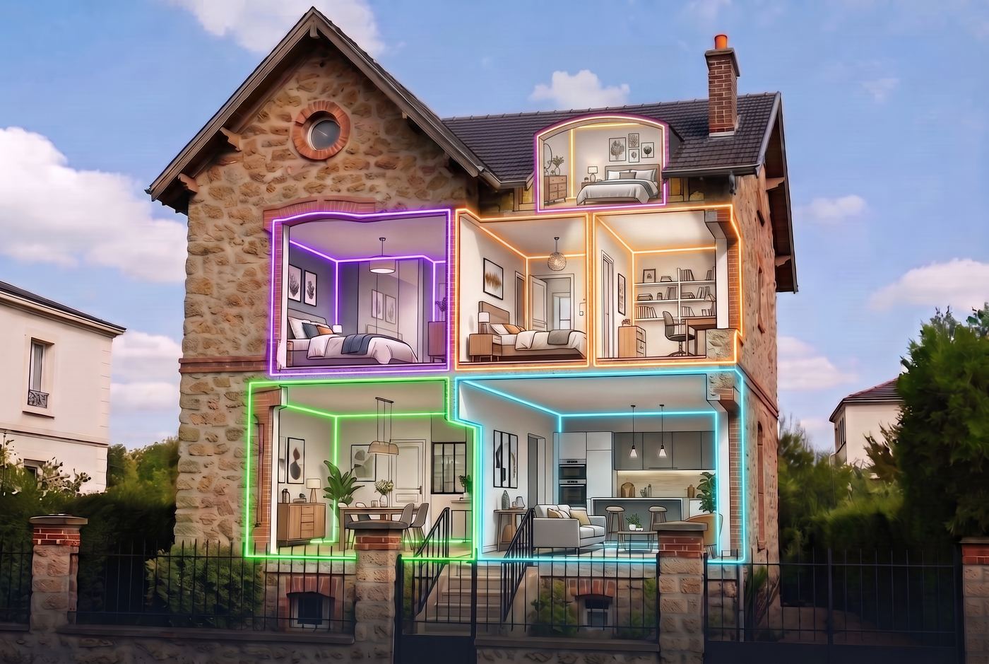 Coupe d'une maison en pierre montrant les futurs logements en couleurs