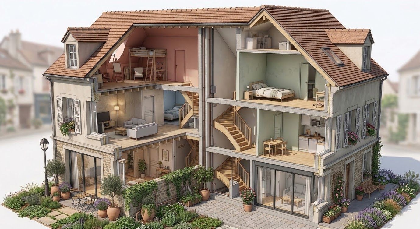 Schéma en trois dimensions de la transformation d'une maison en appartements
