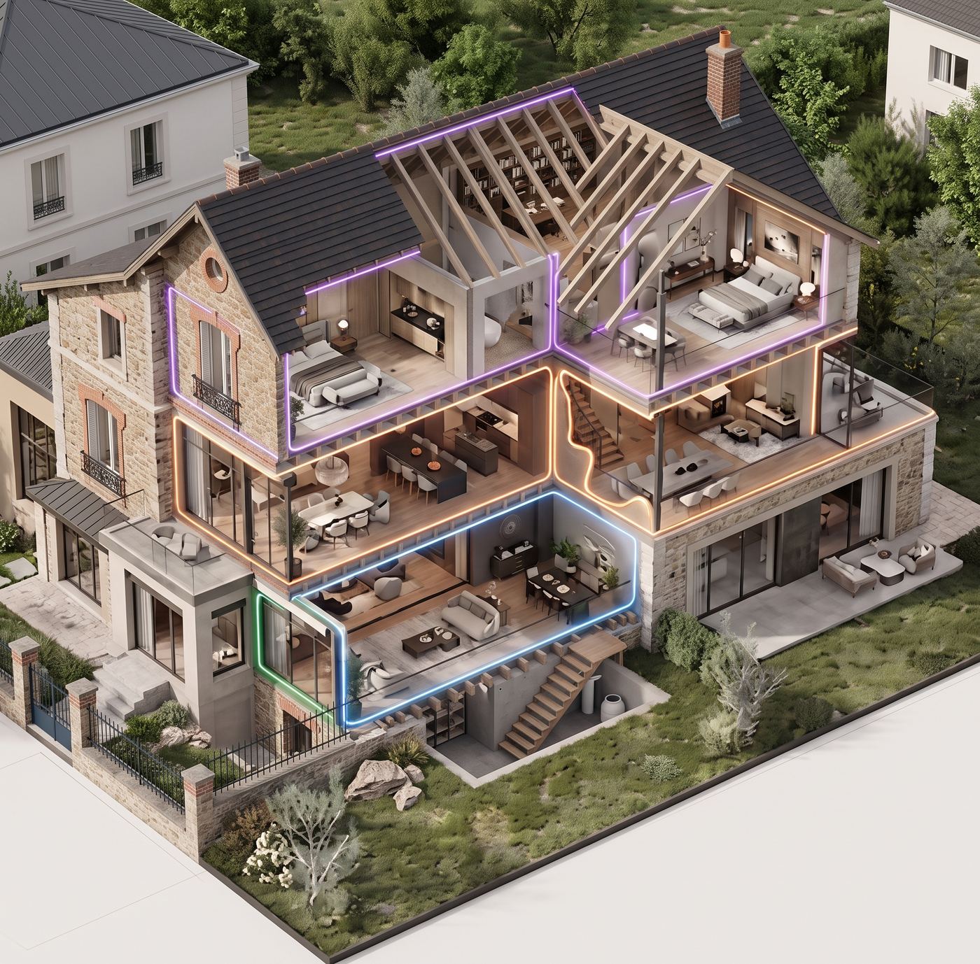 Coupe isométrique d'une maison avec les futurs logements en couleurs