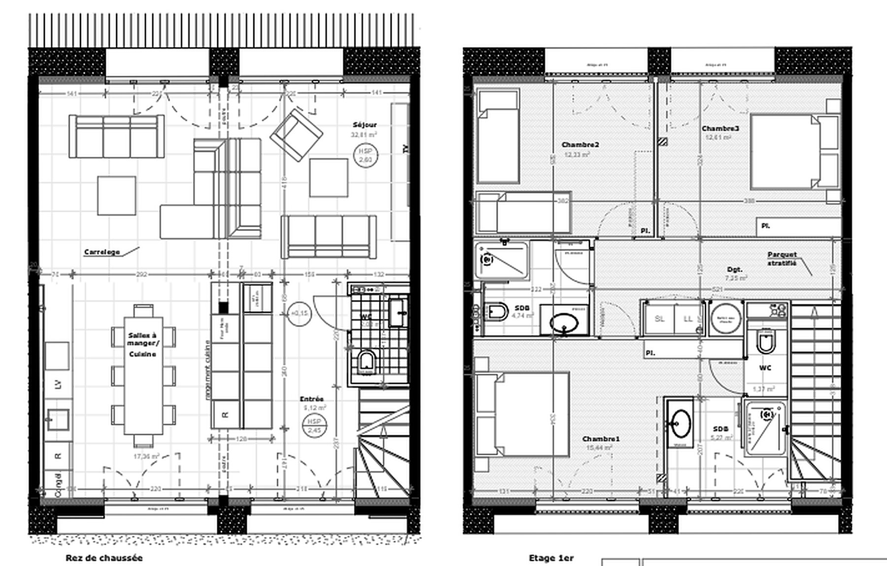 Plans du rez-de-chaussée et de l'étage d'un logement de Machault