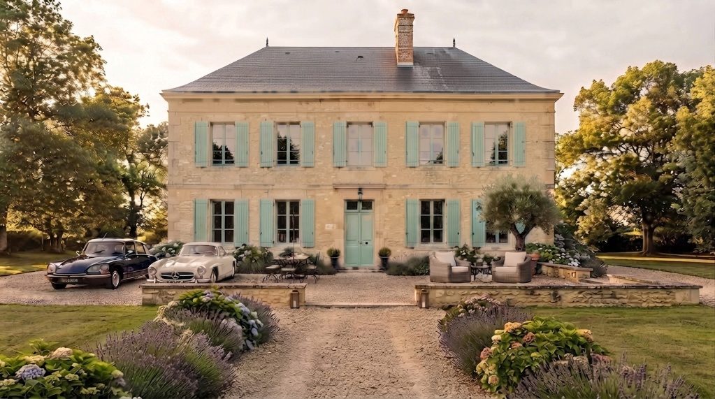 La même maison après division en appartements, jardins et stationnements aménagés