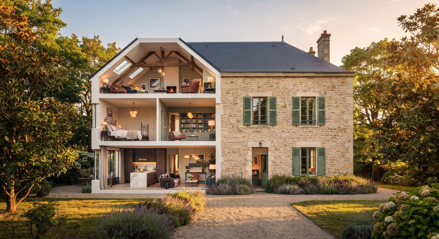 Maison en pierre ouverte en coupe, transformée en plusieurs logements