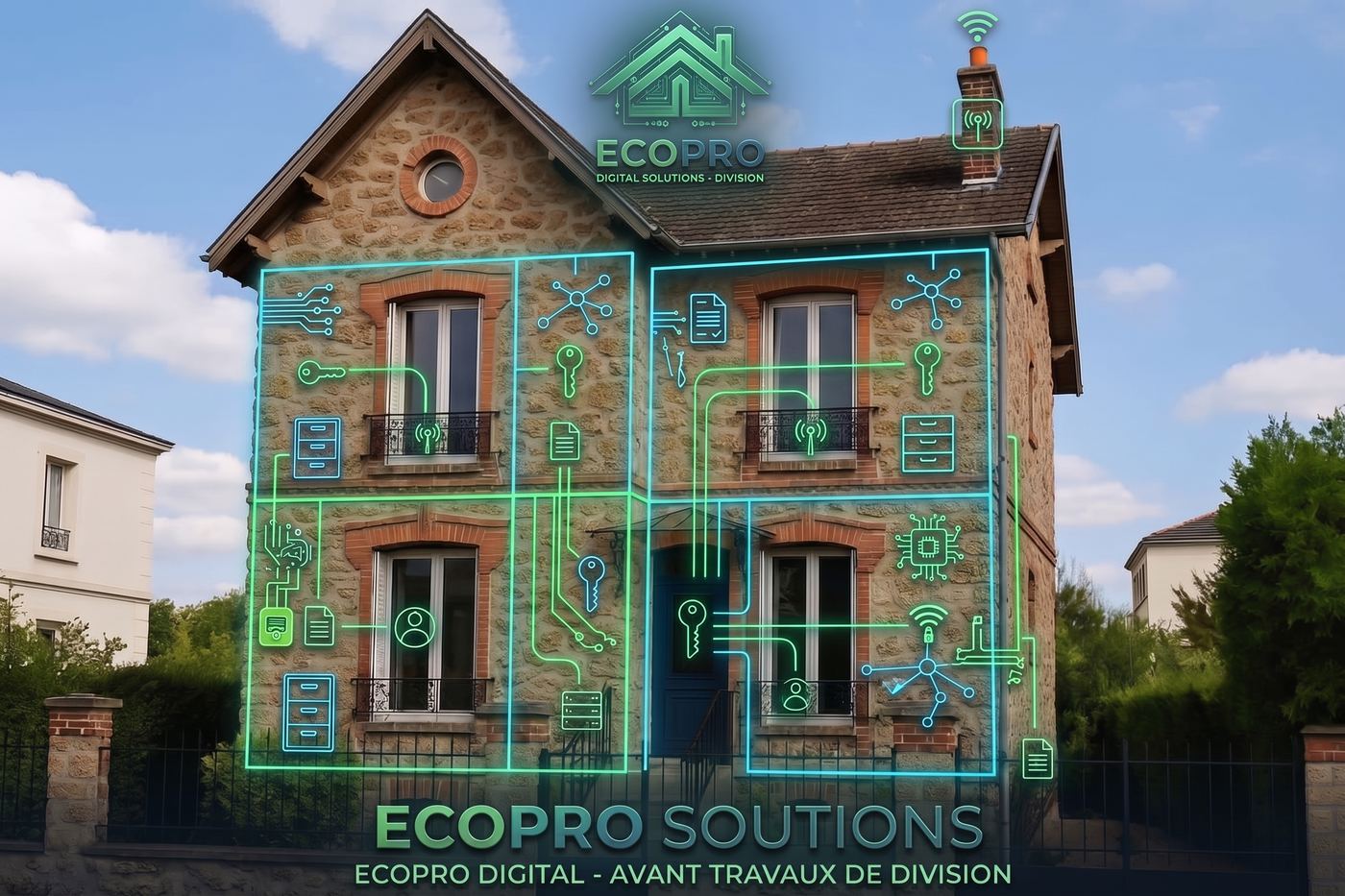 Façade d'une maison ancienne avec le schéma lumineux des futurs logements et réseaux