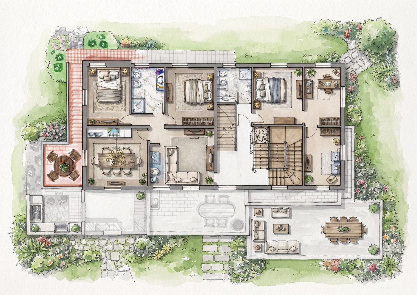 Plan de commercialisation EcoPro : plan d'aménagement d'un logement avec jardin