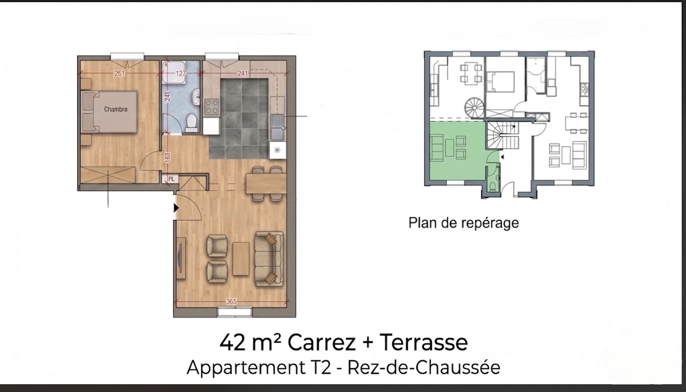 Plan de division en couleurs d'un appartement de 42 m² avec terrasse