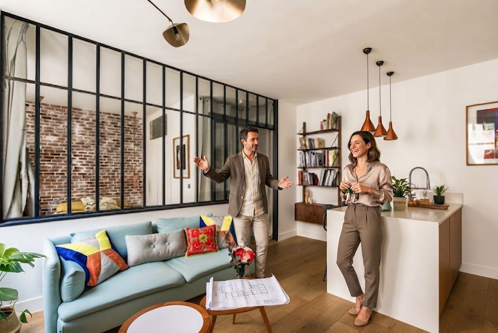 Séjour et cuisine ouverts derrière une verrière, dans une maison ancienne réaménagée en logements