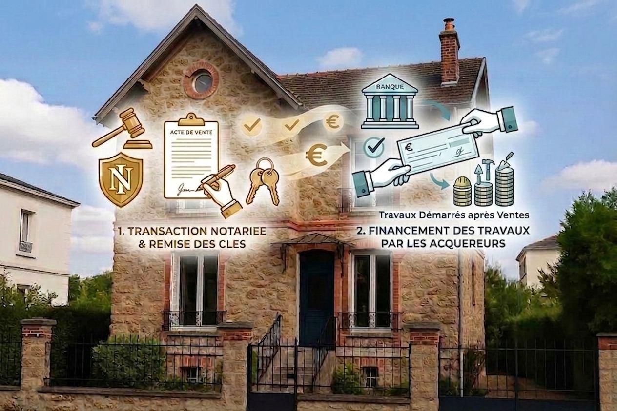 Maison en pierre avec le schéma de la transaction notariée et du financement des travaux